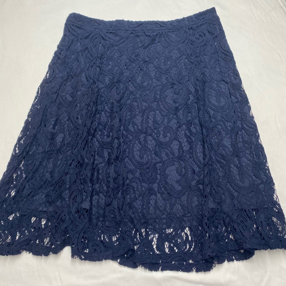 Adrianna Papell womens Navy Blue Floral Lace A-Line Skirt Scalloped Hem Large